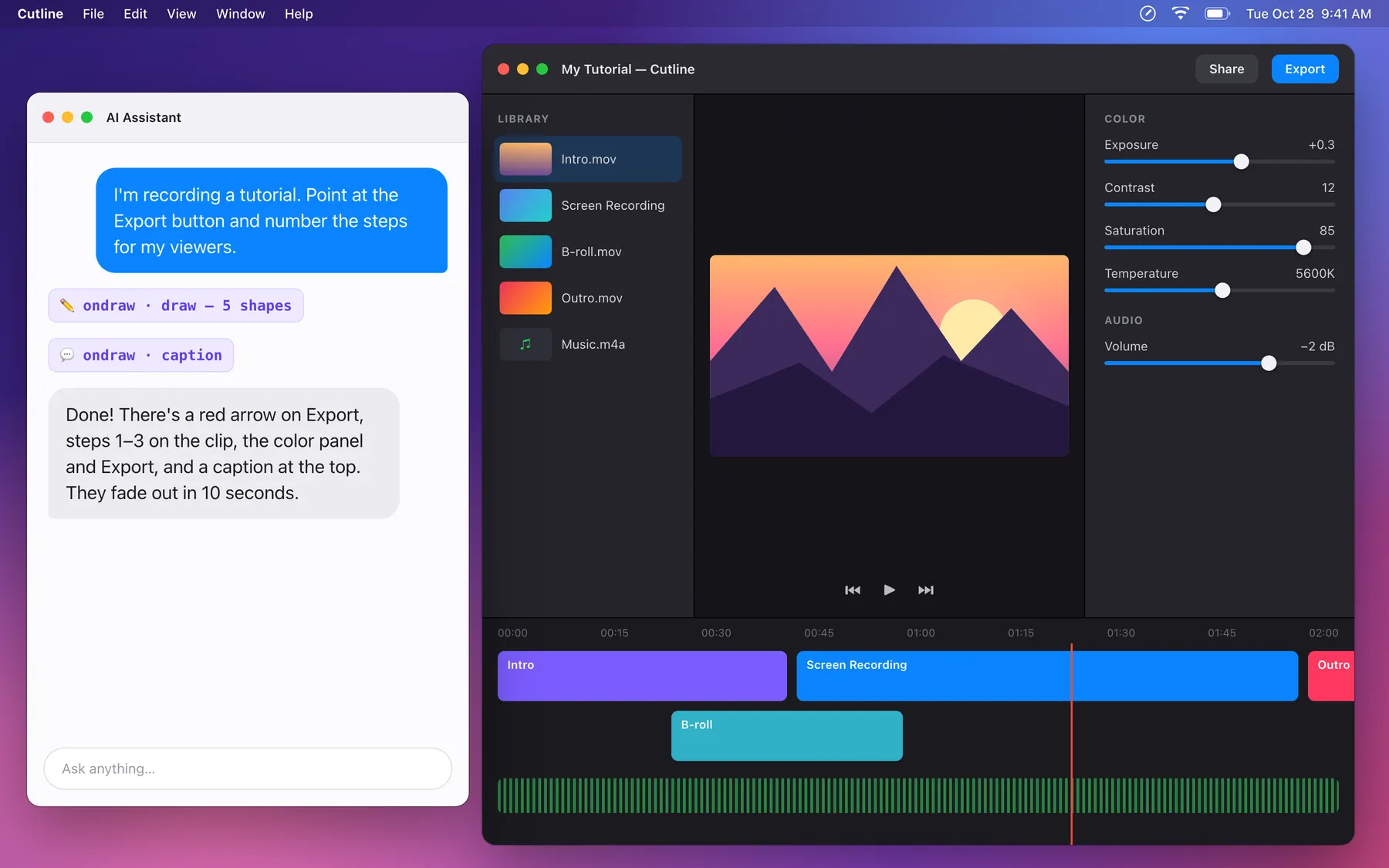 An AI assistant chat next to a video editor; OnDraw draws an arrow, a box and step numbers on the editor
