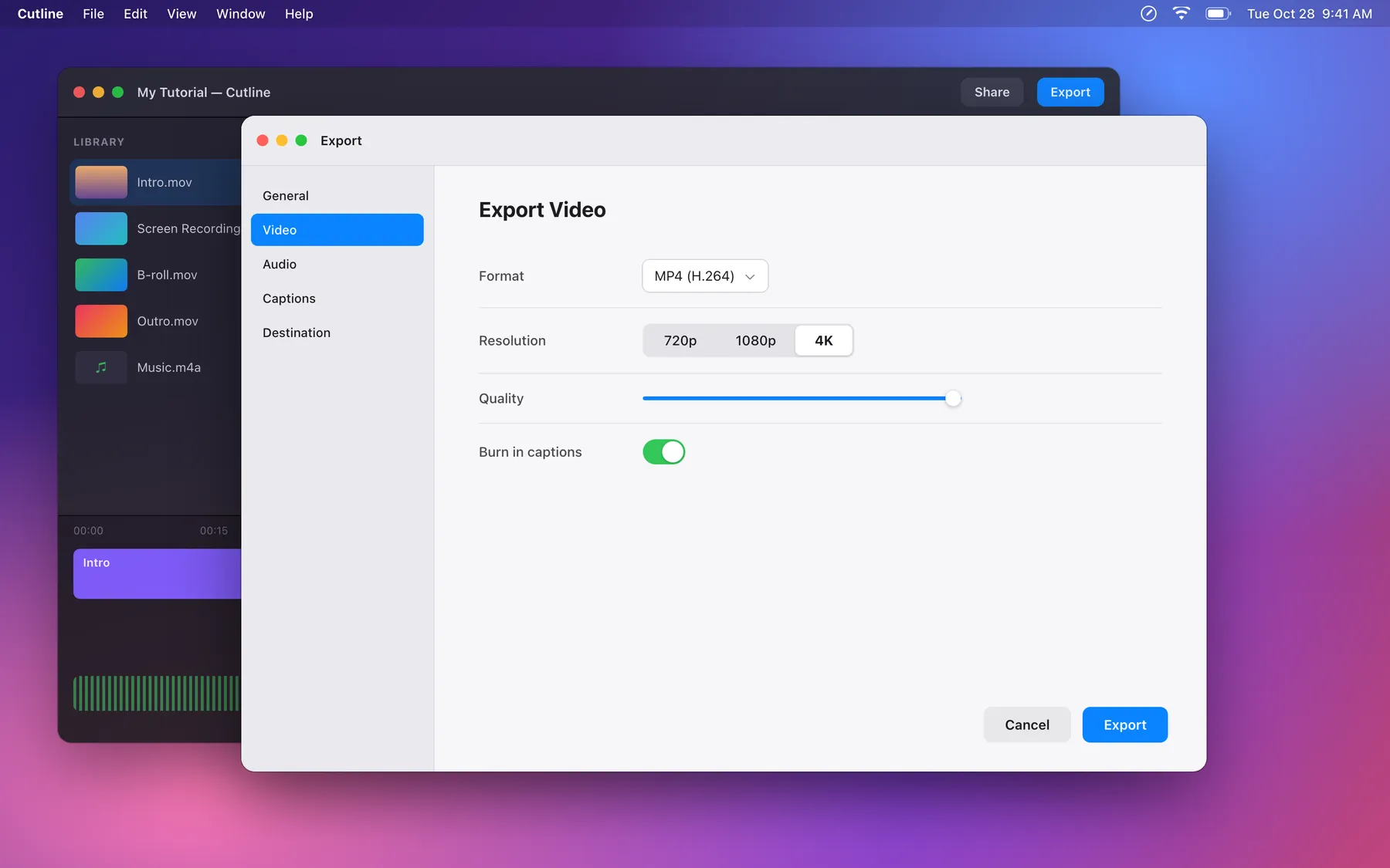 An export dialog with numbered steps, a circle around 4K and an arrow to the Export button